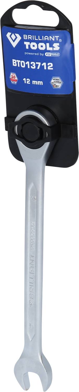 Schraubenschlüssel der Marke Brilliant Tools mit 12 mm Größe, präsentiert in einer schwarzen Halterung mit blauer Etikettierung.