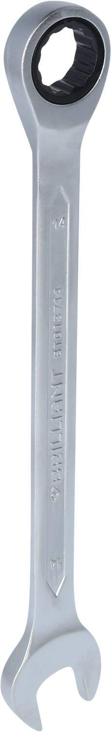 Ein silberner Schraubenschlüssel mit einer offenen und einer geschlossenen Ringschlüssel-Seite, aus Metall gefertigt.