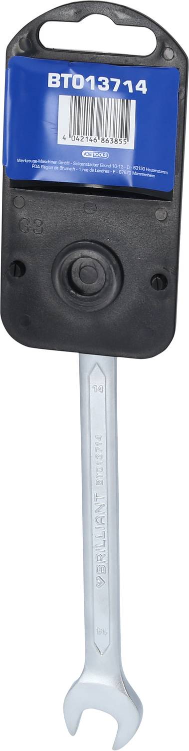 Ein einzelner Schraubenschlüssel mit blauem Etikett, auf dem 'BT013714' steht. Werkzeug für mechanische Arbeiten.