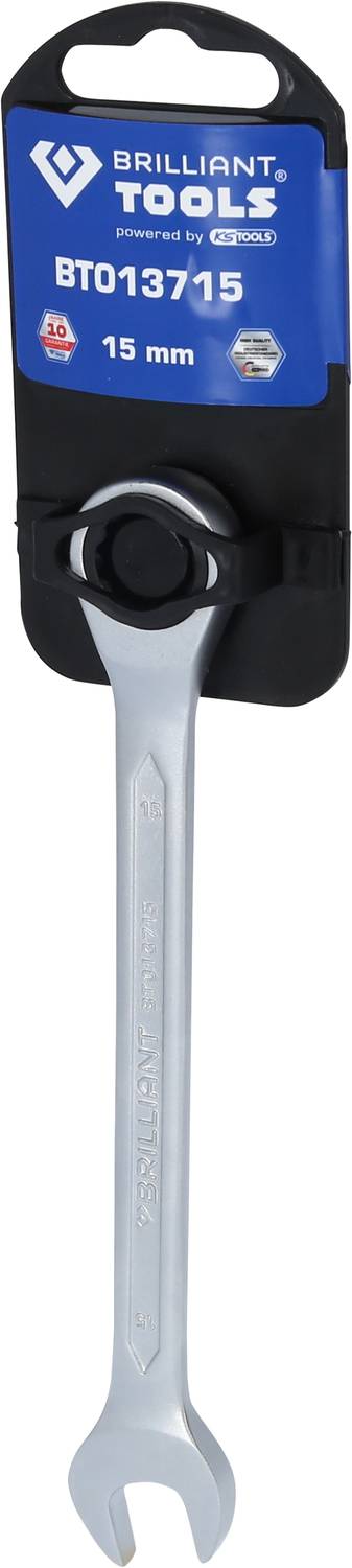 Gabelschlüssel der Marke 'Brilliant Tools', 15 mm, befestigt an einer blauen Verpackung.