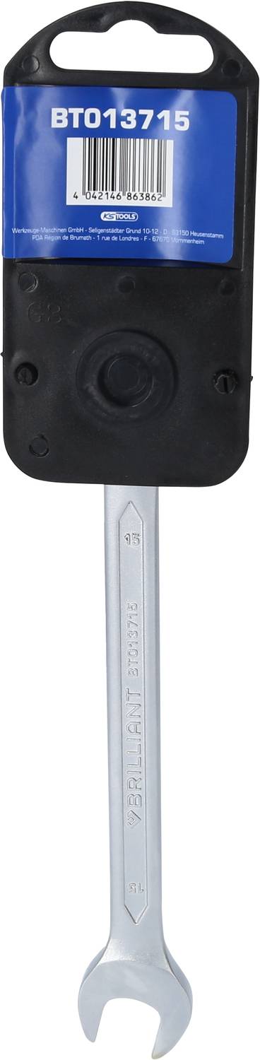 Silberner Schraubenschlüssel mit Verpackung, darauf Produktcode 'BT013715'.