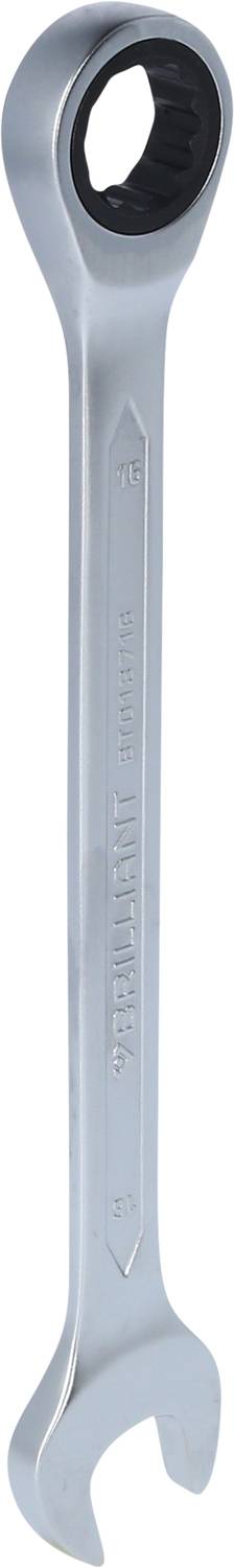 Ein silberner Schraubenschlüssel mit Ratschenring am oberen Ende.