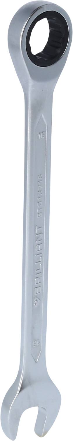 Ein silberner Ringschlüssel mit Ratschenfunktion, geeignet zum Anziehen oder Lösen von Schrauben.