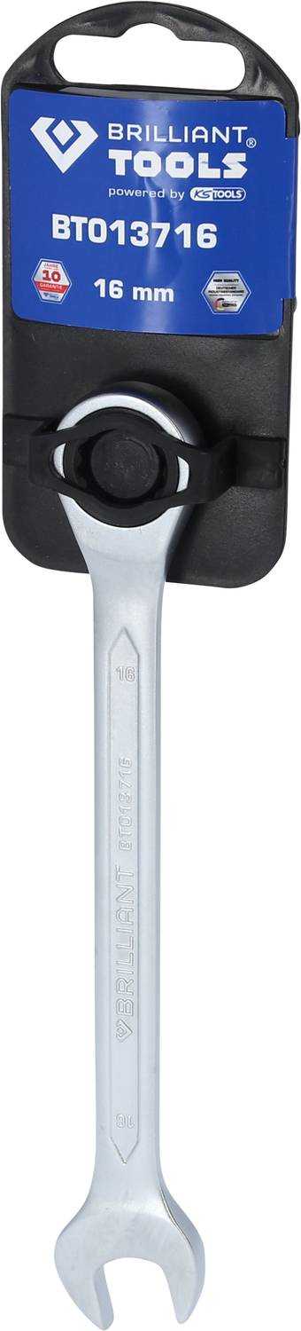 Gabelschlüssel von 'BRILLIANT TOOLS', Modellnummer BT013716, Größe 16 mm, auf Verpackungskarte.