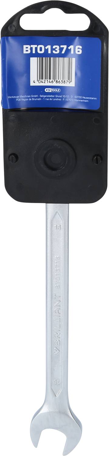 Ein silberner Schraubenschlüssel in einer schwarzen und blauen Halterung mit der Aufschrift 'BT013716'.