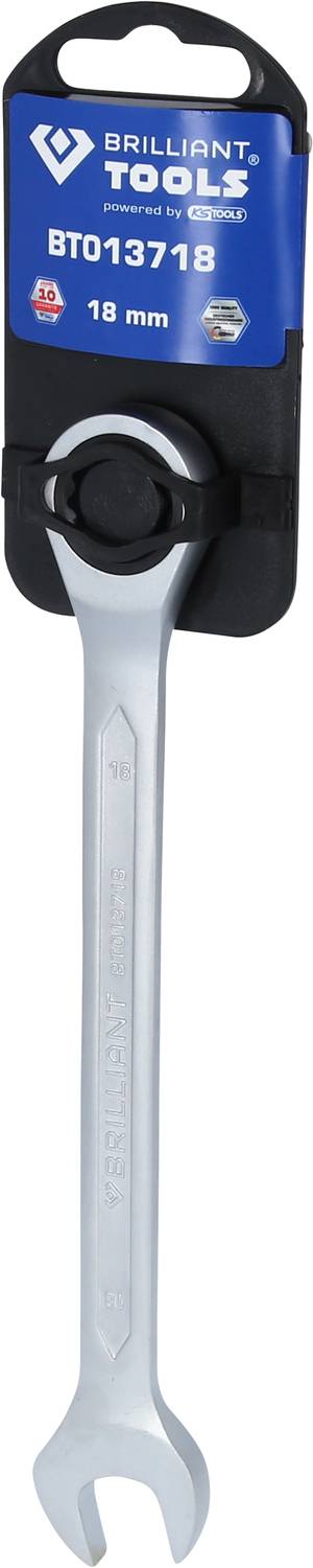 Ein silberner 18 mm Maulschlüssel von Brilliant Tools, befestigt an einer blauen Verpackungsschale, zeigt die Produktnummer BT013718.