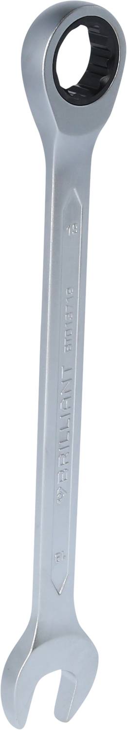 Silberner Maulschlüssel mit Rundkopf-Ratschenmechanismus an einem Ende, geeignet für Schraubenmontage und -demontage.