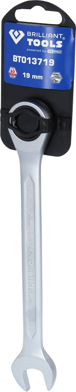 Ein 19-mm-Maulschlüssel von Brilliant Tools in einer schwarzen Verpackung mit einem Etikett oben.