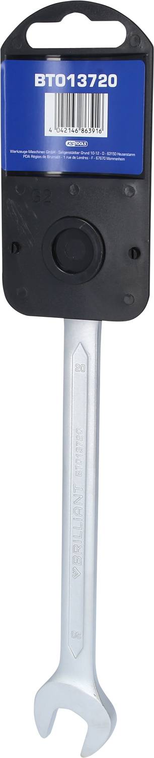 Ein silberner Schraubenschlüssel mit Verpackungsetikett 'BT013720'.