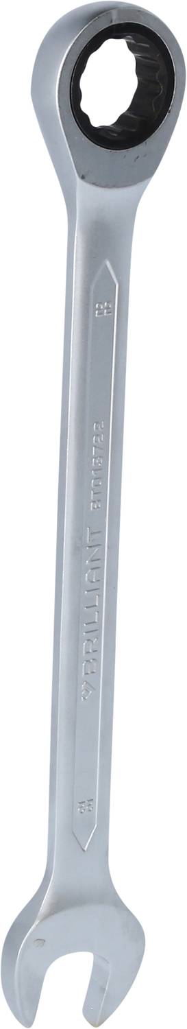 Ein silberner Ringschlüssel mit Ratschenfunktion, oben ein Rundprofil, unten ein Gabelende. Werkzeug zur Befestigung von Schrauben.