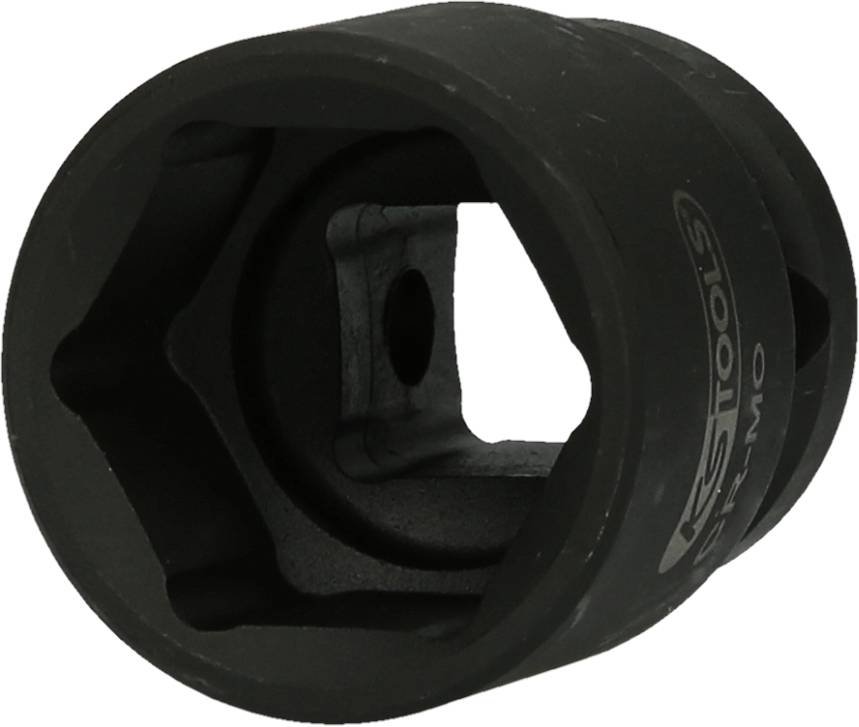 Ein schwarzer Steckschlüsselaufsatz aus Metall, geeignet für Schraubenschlüssel, mit sechseckiger Öffnung und quadratischer Halterung.