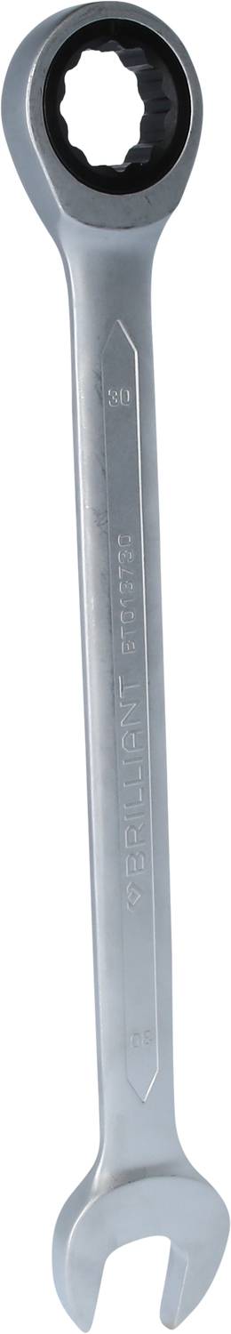 Ein silberner Maulschlüssel mit ovalem Kopf und offenem Ende, zum Festziehen oder Lösen von Schrauben und Muttern.