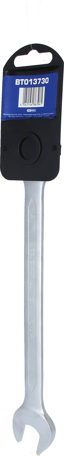 Ein silberner Gabelschlüssel mit blauer Verpackung, auf der ein Barcode und die Nummer 'BT013730' sichtbar sind.