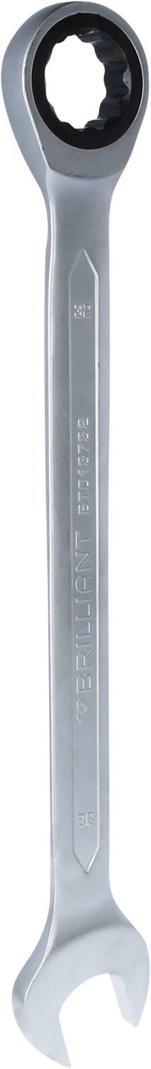 Ein silberner Ringschlüssel mit offener und geschlossener Seite, verwendet zum Festziehen oder Lösen von Schrauben und Muttern.