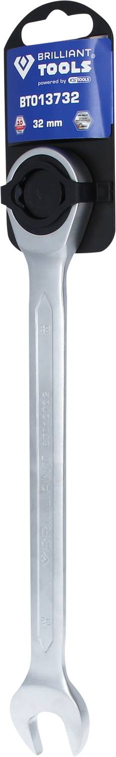 Ein silberner Schraubenschlüssel der Marke 'Brilliant Tools', Größe 32 mm, an einer blauen Produktverpackung befestigt.