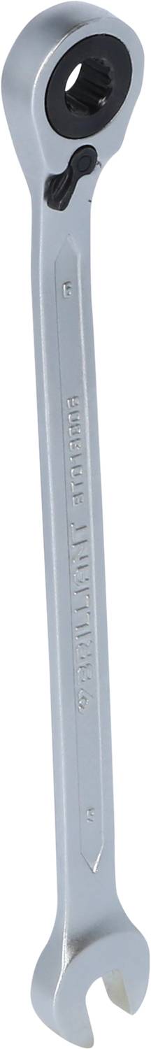 Ein silberner Ratschen-Schlüssel mit offenem Maul und Ratschenkopf. Geeignet für mechanische Arbeiten und Schraubverbindungen.