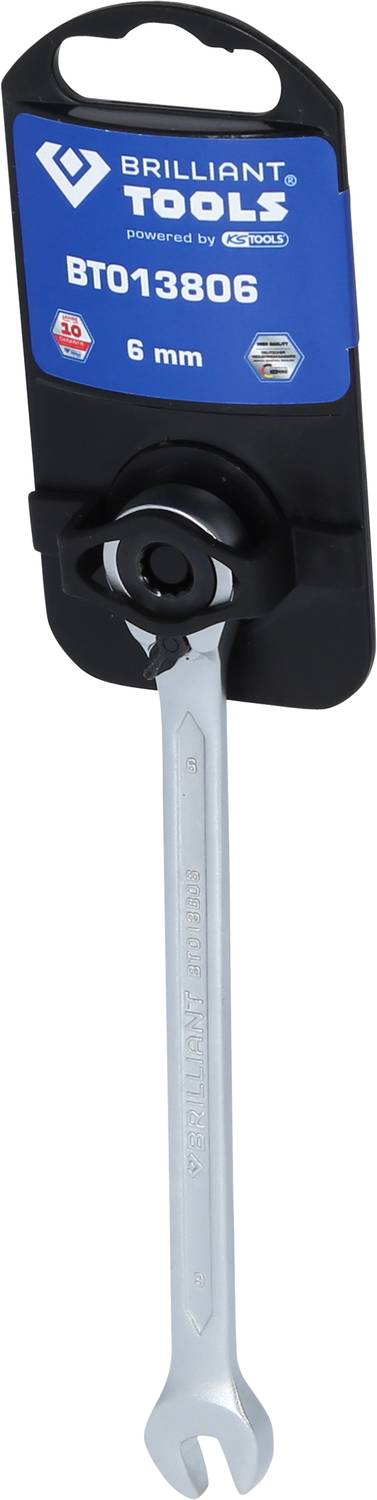 Offener Ringschlüssel von Brilliant Tools, Modell BT013806, Größe 6 mm, an einer schwarzen Verpackung mit blauer Etikettierung.
