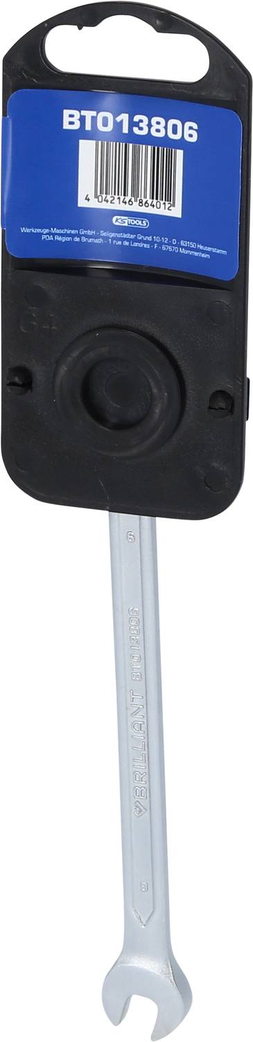 Ein Schraubenschlüssel mit schwarzem Griff und einem blauen Etikett mit dem Code 'BT013806'.