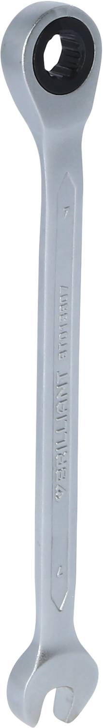 Ein silberner Ringschlüssel mit einer offenen und einer geschlossenen Seite, normalerweise zum Anziehen oder Lösen von Schrauben.