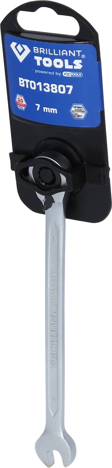 Ring-Maulschlüssel der Marke Brilliant Tools, Größe 7 mm, auf schwarzem Halter mit Herstellerinformationen und Produktnummer BT013807.