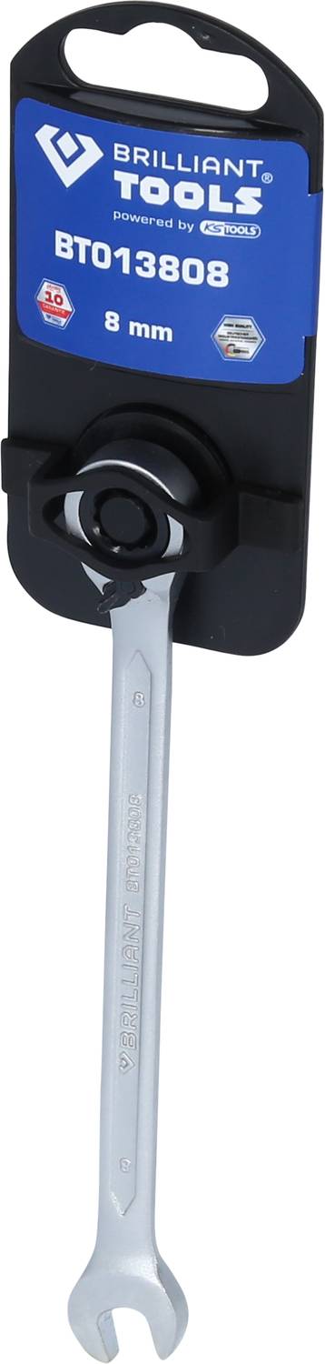 Ein silberner Schraubenschlüssel der Marke 'Brilliant Tools', Modell BT013808, Größe 8 mm, an einer schwarzen Verpackung befestigt.