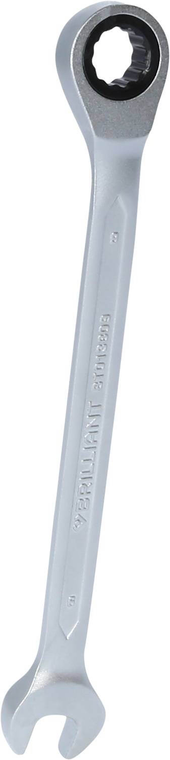 Ein silberner Ringschlüssel mit einem offenen Maul auf einer Seite und einem geschlossenen, geriffelten Ring auf der anderen Seite.