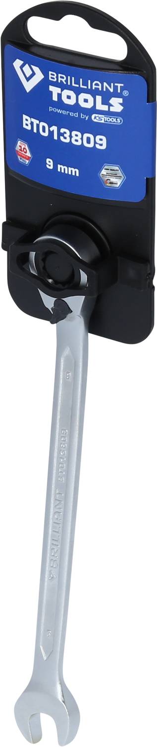 Ein silberner Gabelschlüssel mit einem Griffhaken an einer schwarzen Halterung, Markenname 'Brilliant Tools', Größe 9 mm.