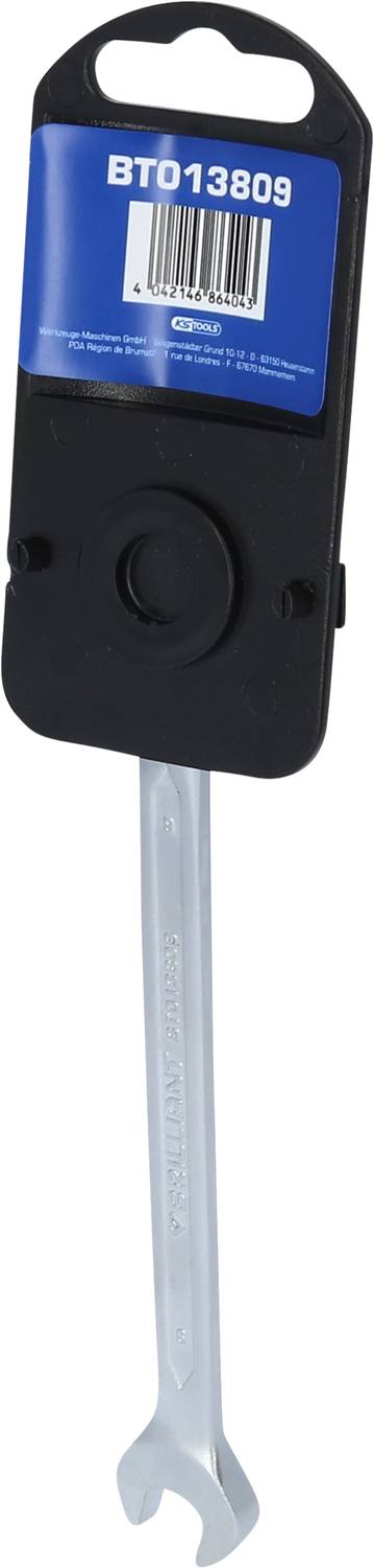 Metallischer Doppelmaulschlüssel mit Kunststoffetikett, das die Modellnummer BTO13809 zeigt.