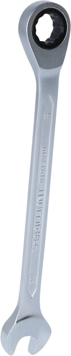 Ein glänzender Metallringschlüssel mit geöffnetem Ende, markiert mit '15 mm'. Geeignet für Schrauben dieser Größe.