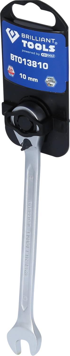 Ratschenringschlüssel 10 mm von Brilliant Tools, Modell BT013810, auf schwarzem Halter mit blauem Etikett.