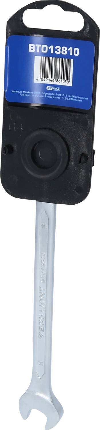 Gabelschlüssel mit Ratschenmechanismus und schwarzem Griff; Artikelnummer BT013810 auf blauem Etikett mit Barcode oben.