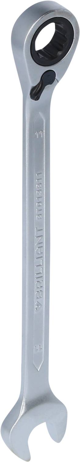 Ein silberner Ratschenringschlüssel mit offener Maulseite, geeignet zum Festziehen und Lösen von Schrauben und Muttern.