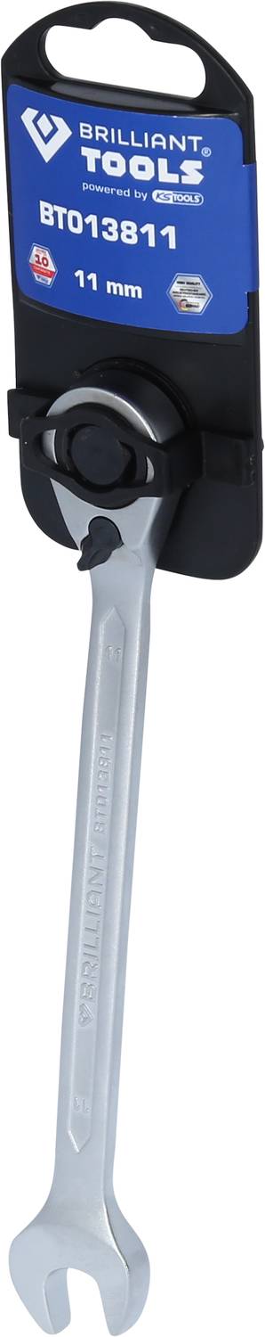 'Brilliant Tools' Ringschlüssel mit Ratschenfunktion, 11 mm Größe, schwarz und silber, auf Kunststoffhalterung montiert.