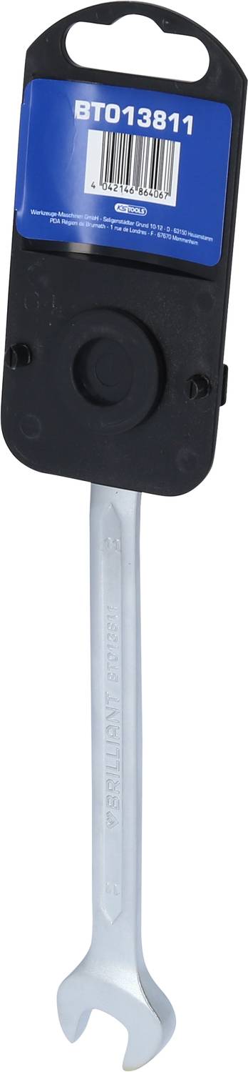 'Gedore Spanner BTO13811' auf blauem Etikett mit Barcode, an schwarzer Kunststoffhalterung befestigt.