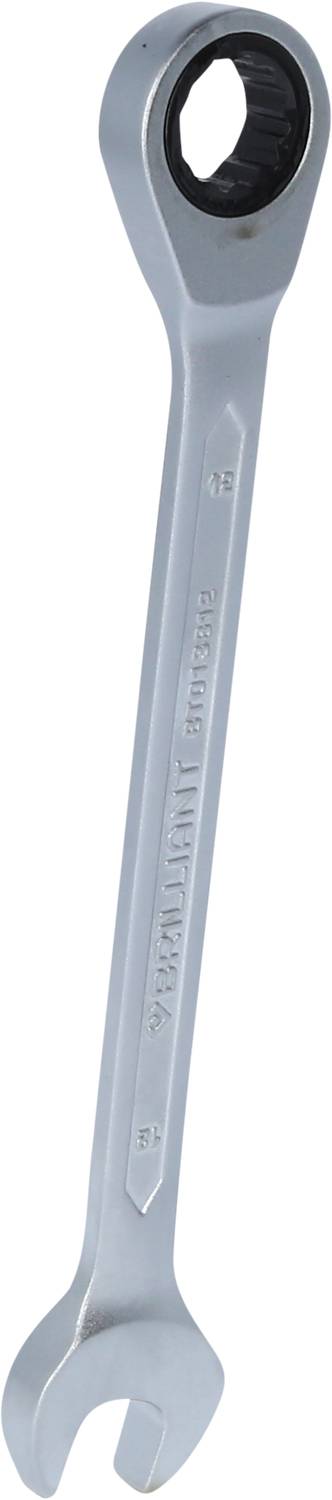 Ratschenschlüssel in Silber. Ein Ende offen, das andere mit Ratschenmechanismus für einfaches Anziehen oder Lösen von Schrauben.