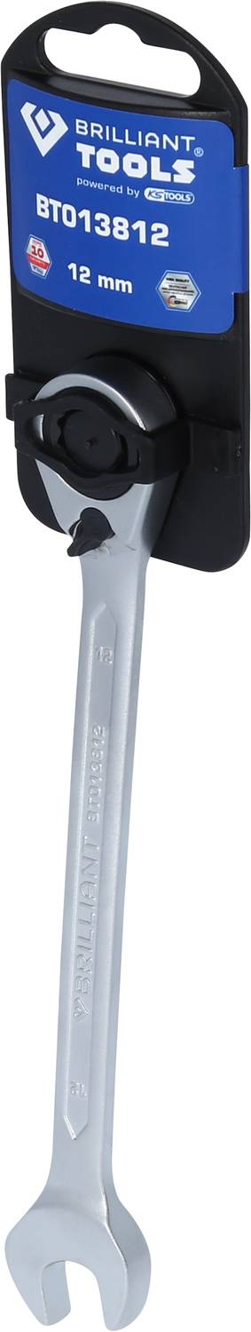 Ein silberner Schraubenschlüssel mit Ratsche, Größe 12 mm, präsentiert auf einer blauen Verpackungskarte von 'Brilliant Tools'.