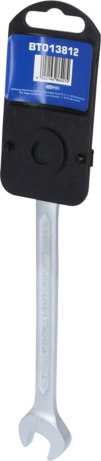 Offener Maulschlüssel mit einer Verpackung, auf der die Produktnummer BT013812 und ein Barcode zu sehen sind.