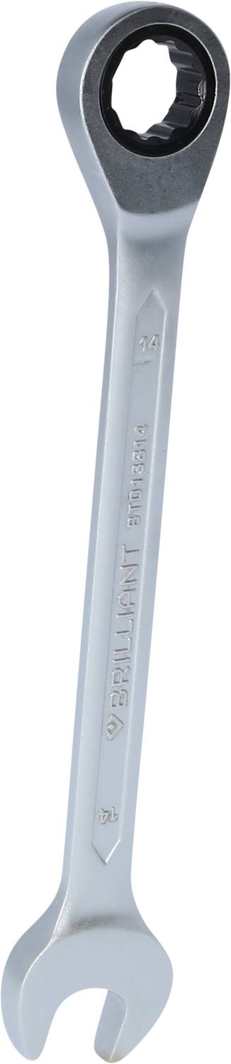 Ein silberner Maulschlüssel mit Ratschenmechanismus, geeignet zum Anziehen und Lösen von Muttern und Schrauben.