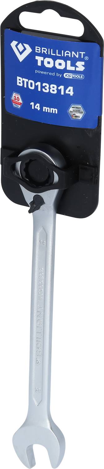 Ein silberner Ring-Gabelschlüssel der Marke 'Brilliant Tools' mit der Modellnummer BT013814 und einer Größe von 14 mm.