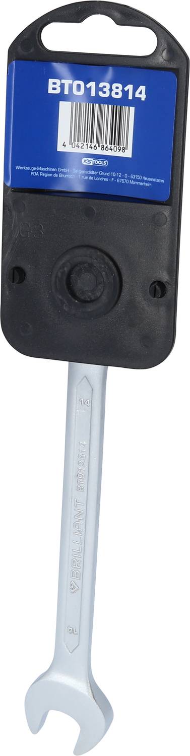 Ring-Gabelschlüssel mit der Aufschrift 'BT013814', schwarzer und blauer Halterung. Werkzeug zur Verwendung in Kfz-Reparaturen.