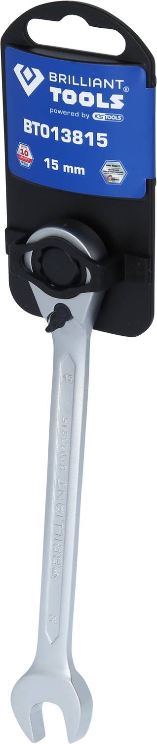 Ein 15 mm Schraubenschlüssel von Brilliant Tools auf einer schwarzen Verpackungskarte, Modellnummer BT013815.