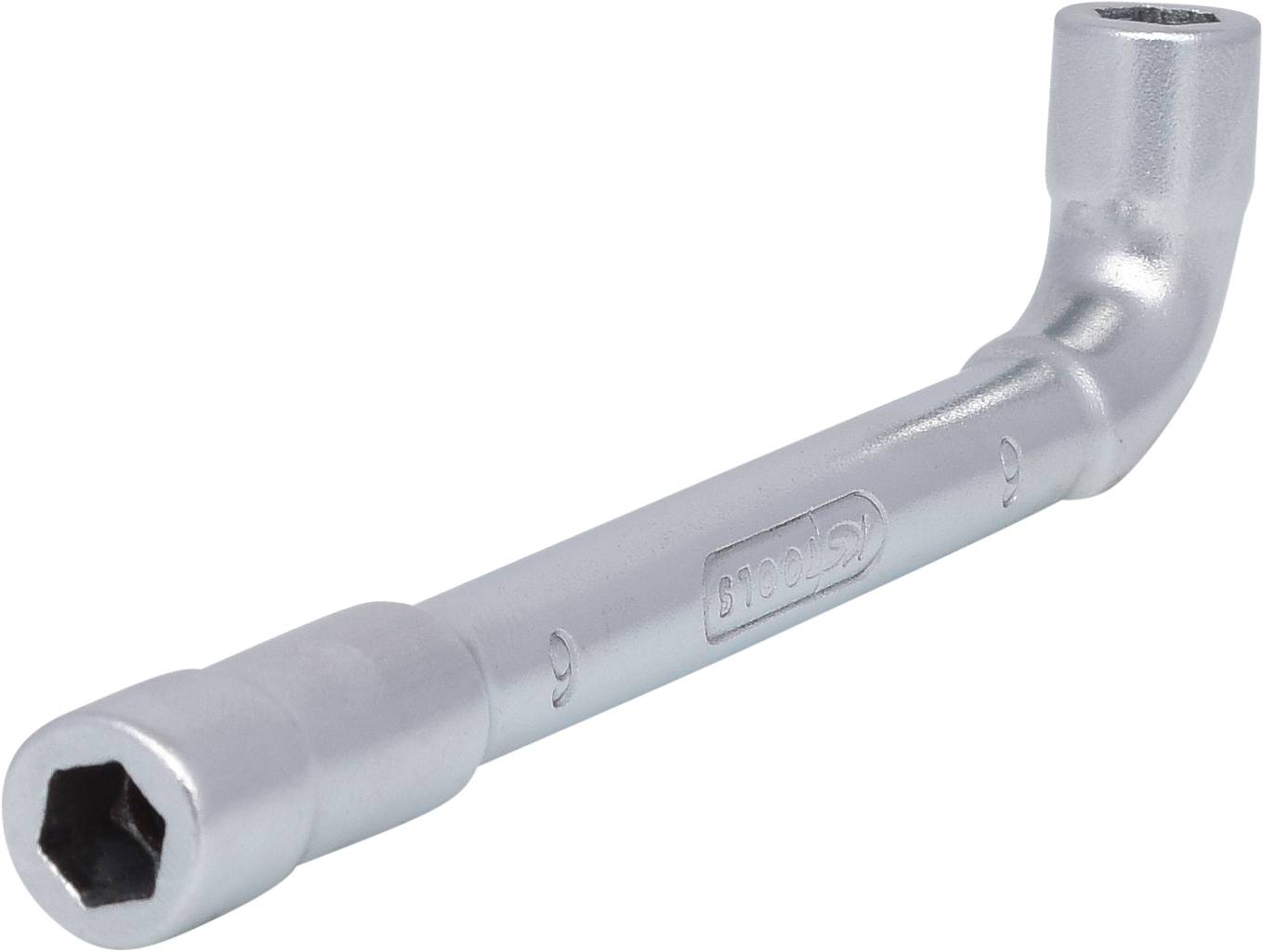 Ein silberner Winkelschraubenschlüssel aus Metall mit sechseckigen Öffnungen an beiden Enden. Geeignet für Schraubarbeiten.