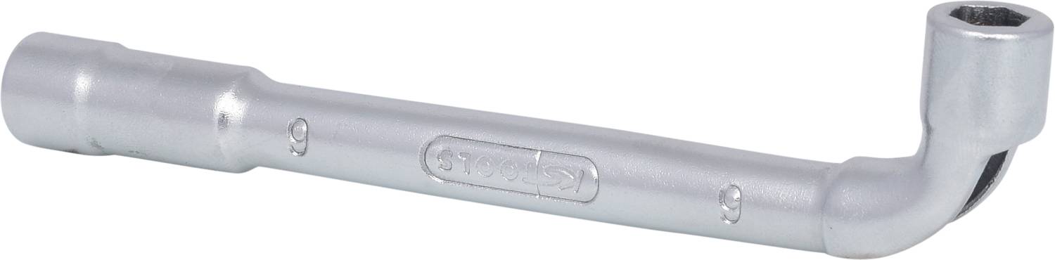 Ein silberner Winkelsteckschlüssel mit 6-kantiger Stecknuss, geeignet für mechanische Arbeiten an Fahrzeugen und Maschinen.