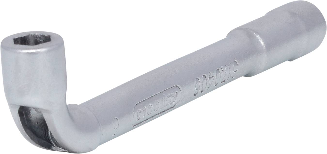 Ein silberner Steckschlüssel in L-Form liegt auf einem weißen Hintergrund.