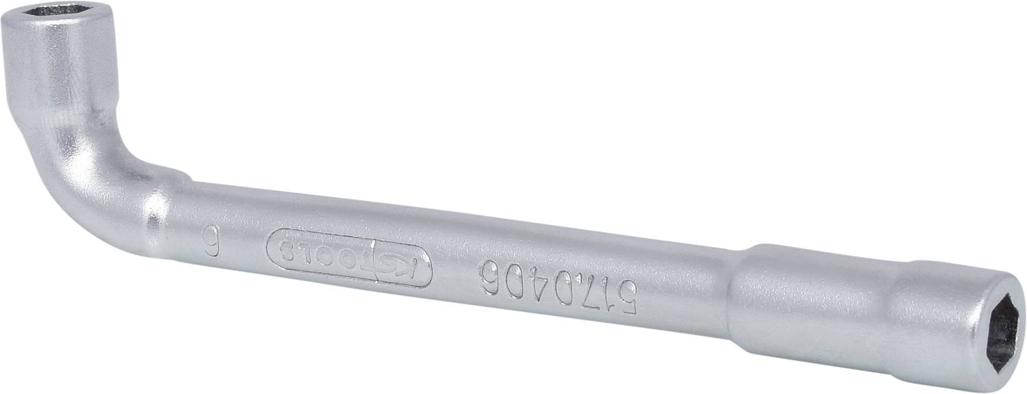 Metallschlüssel mit gebogenem Ende, verwendet zum Anziehen von Muttern und Schrauben an schwer zugänglichen Stellen.