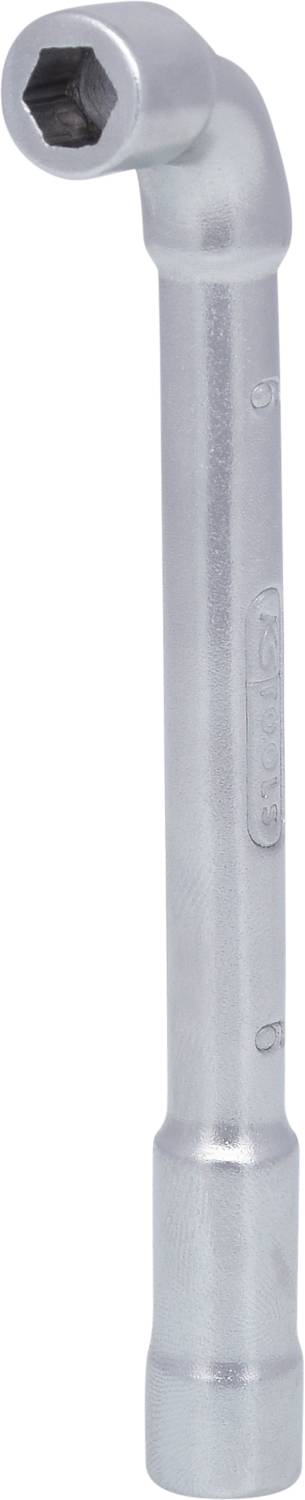 Ein silberner Winkelschlüssel mit sechseckiger Öffnung oben, zum Festziehen oder Lösen von Schraubenmuttern in schwer zugänglichen Bereichen.