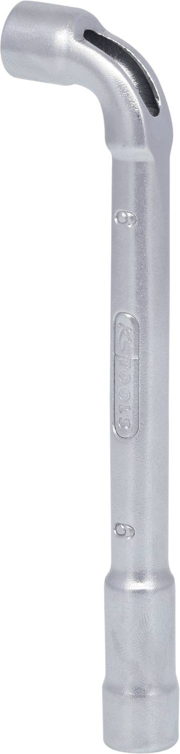 Ein silberner Winkelschlüssel aus Metall, speziell für das Lösen und Festziehen von Schraubenmuttern.