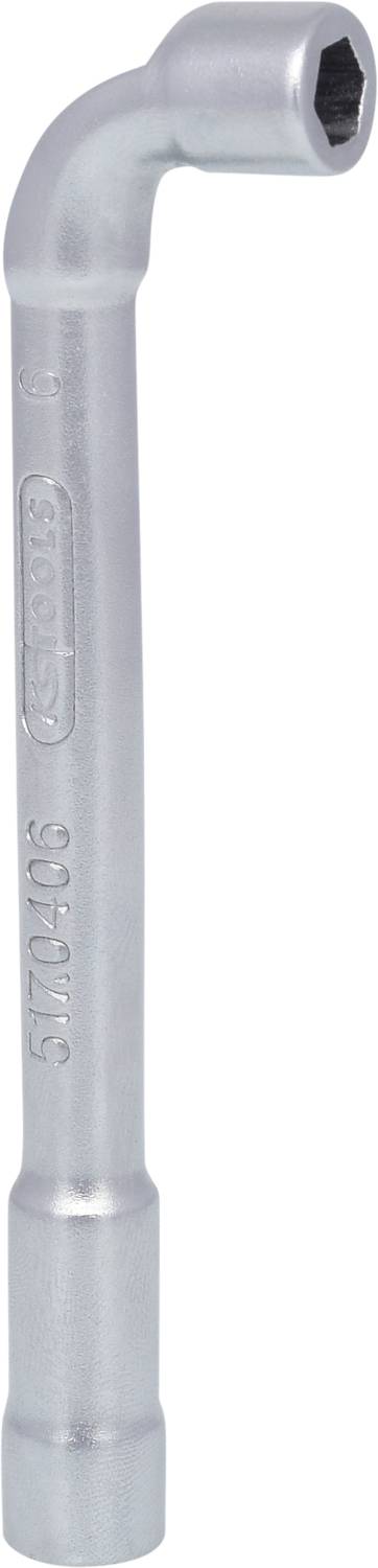 Ein silberner Winkelschlüssel aus Metall mit einer sechseckigen Öffnung, geeignet zum Anziehen oder Lösen von Schrauben oder Muttern.