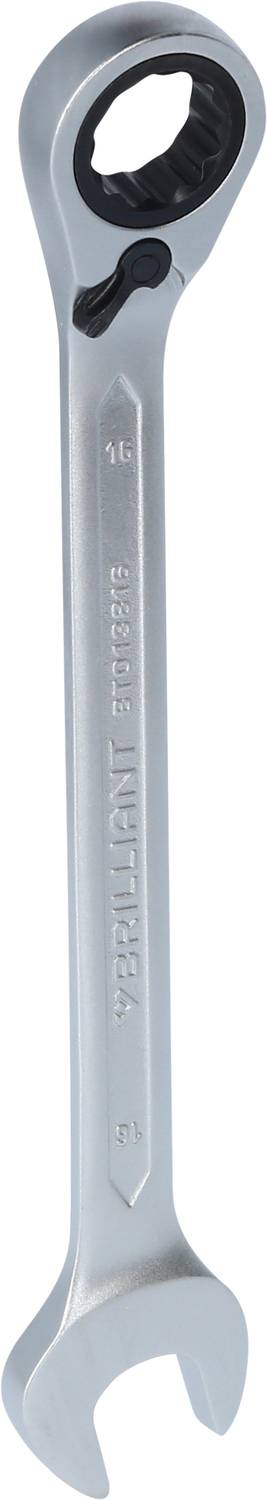 Ein silberner Ratschenringschlüssel, links offenes Maul, rechts Ratschenring. Geeignet zum schnellen Lösen und Anziehen von Schrauben.