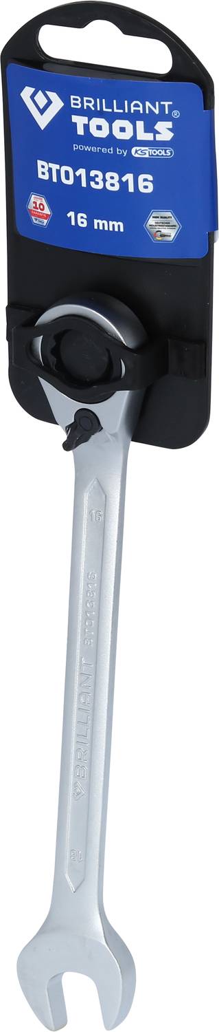 Ein silberner Schraubenschlüssel, 16 mm, von 'Brilliant Tools', befestigt an einer schwarzen Halterung mit blauem Etikett.